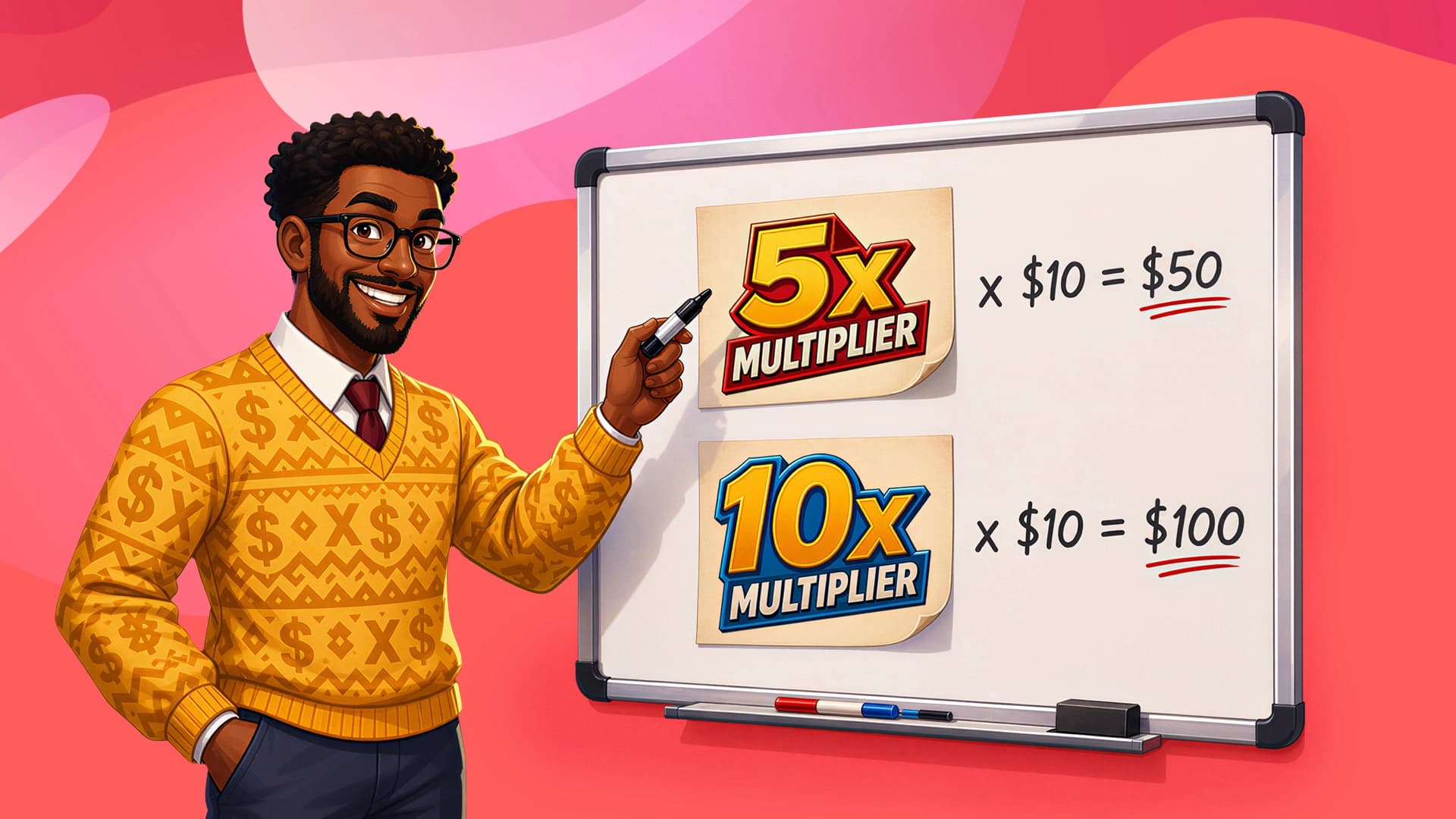A man in a yellow sweater points out a 5x multiplier and a 10x multiplier on a whiteboard, demonstrating how you can win $50 or $100.