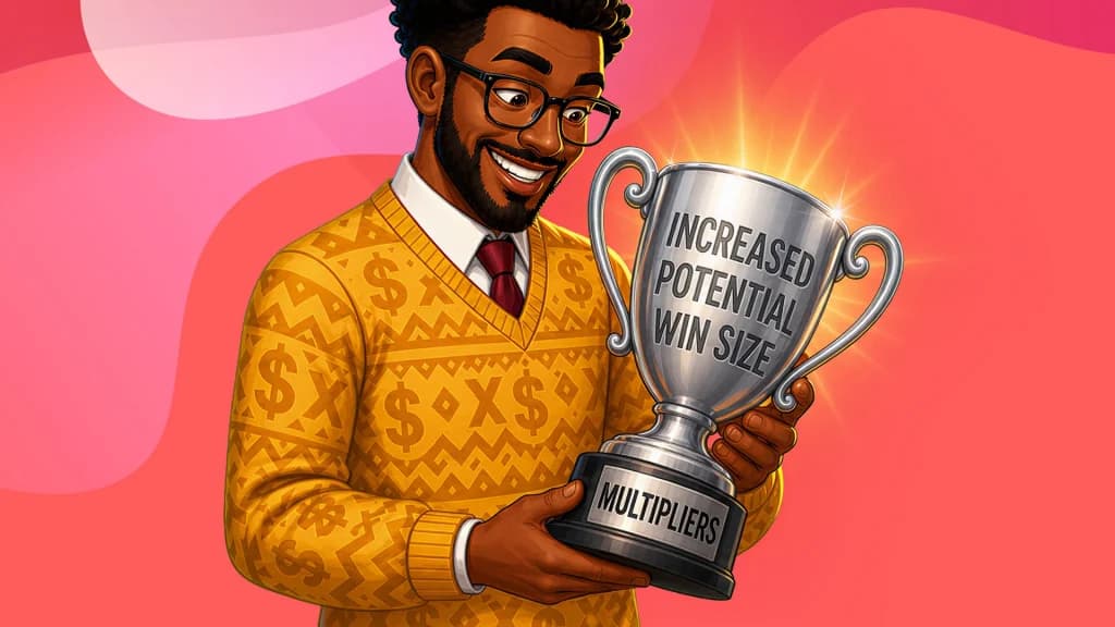 Gold light shines from a silver trophy that says, “Multipliers: Increased potential win size,” and a man in a yellow sweater smiles at it.