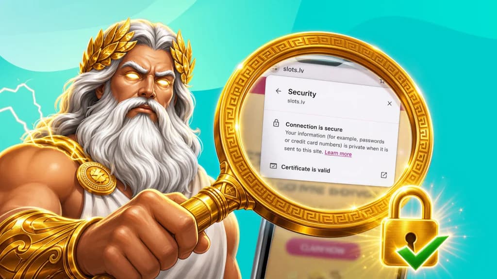 Zeus holds a magnifying glass up to the SSL padlock in the Slots.lv address bar, showing that the site is secure.