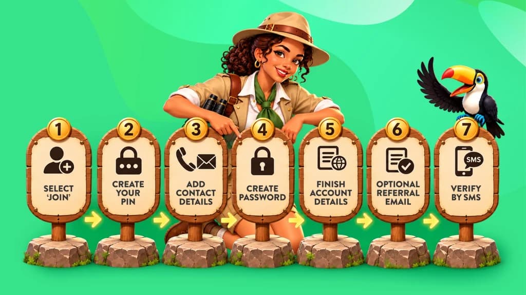 A safari guide points to seven wooden posts showing the steps to sign up at SlotsLV Casino.