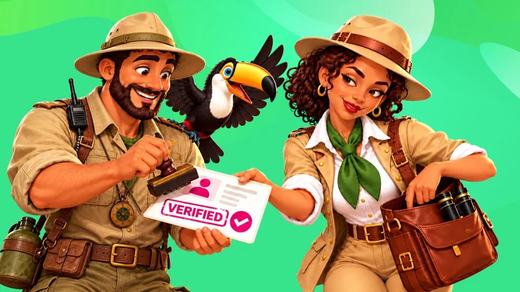 A man on a safari stamps “Verified” on a white piece of paper, which a lady in safari clothes hands to him on a mint green background.