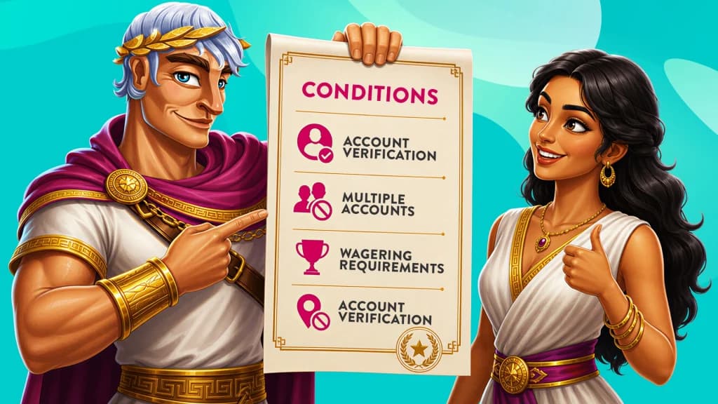 Caesar and a Roman woman point to a scroll that shows the conditions that must be met in order to receive your withdrawal.