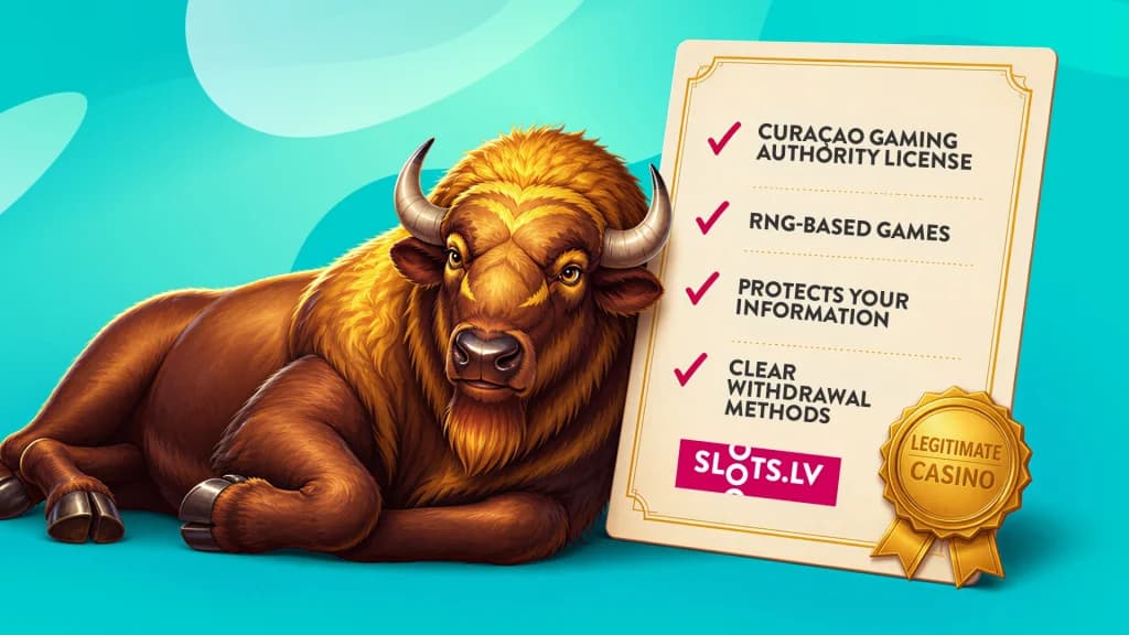 A golden buffalo rests against a chart showing the four points that prove that Slots.lv is a legitimate casino.