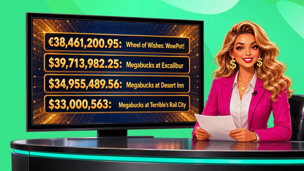 A blonde news presenter in a pink suit shows us the top four biggest slot machine wins on a TV screen.