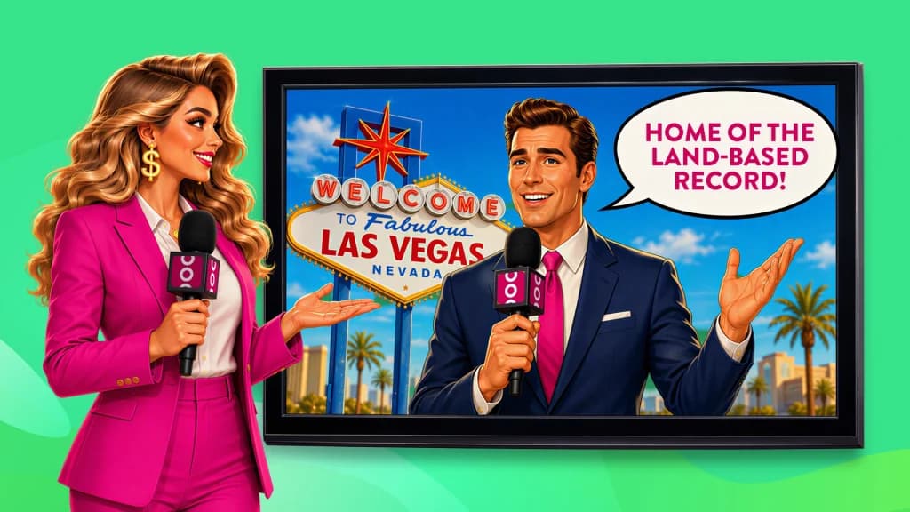 On a lime green background, a news correspondent points out that Las Vegas is the home of the land-based record for the biggest slot jackpot, while a news presenter in a pink suit points toward the screen.