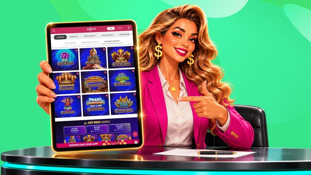 n a lime green image, a lady points to an iPad with multiple games from SlotsLV Casino, where players can win their own large jackpot.