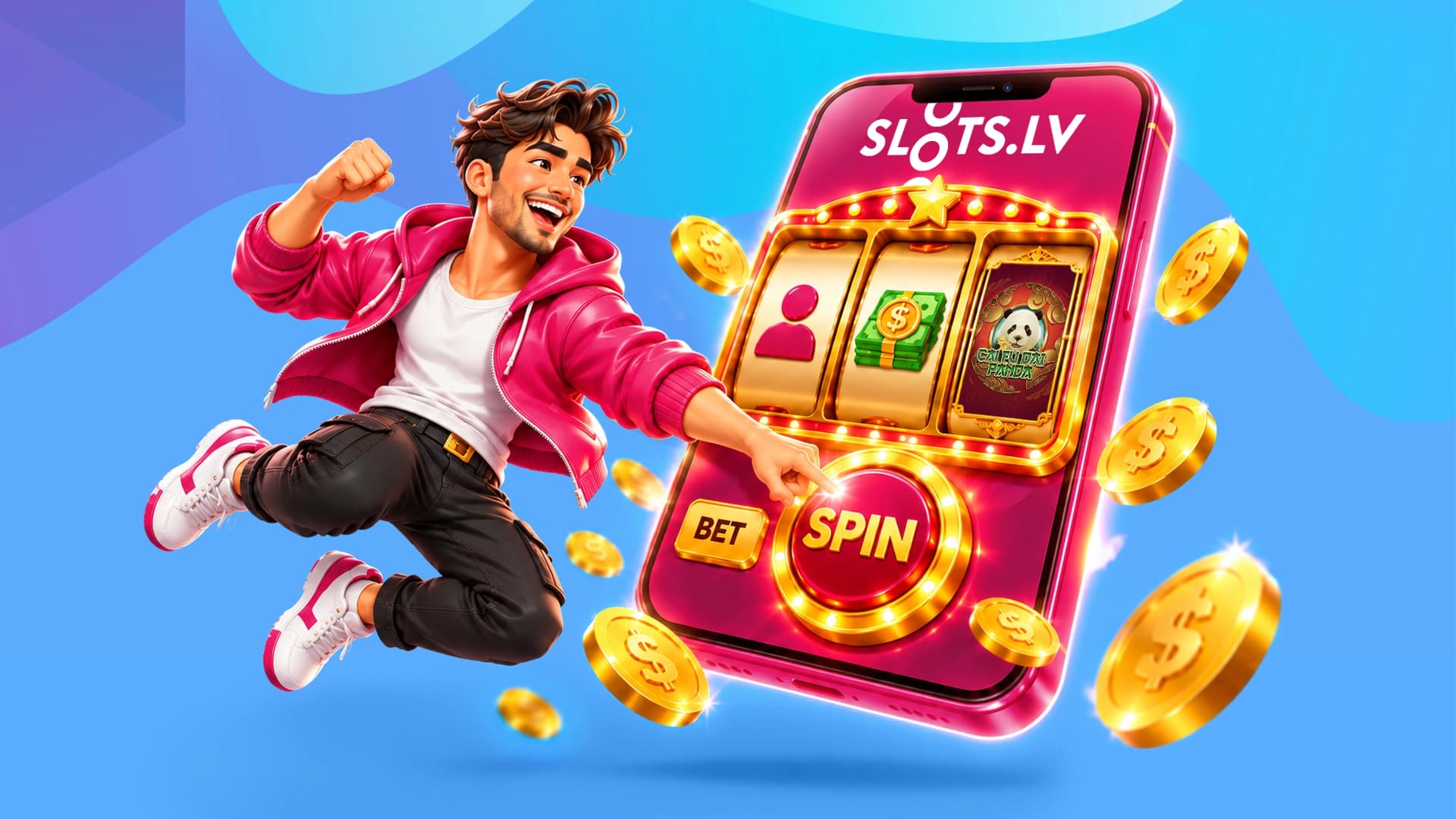 A man jumps into an enthusiastic dance move as he points to the spin button on a smartphone playing a three-reel slot at SlotsLV Casino, showing us how to play slots for beginners.