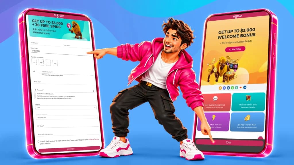 Pointing to two separate smartphones, a slot player in a pink hoodie shows us how to get set up playing slots, including filling out the form.