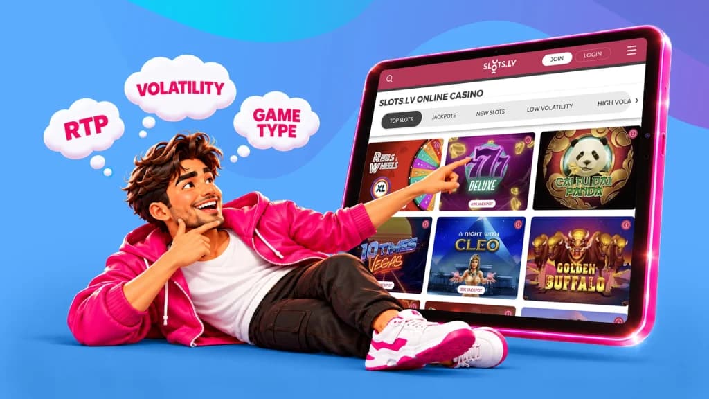 In a light blue image, a man rests on his side with thought bubbles saying “RTP”, “volatility”, and “game type”, pointing to a tablet showing available slot games at SlotsLV Casino.
