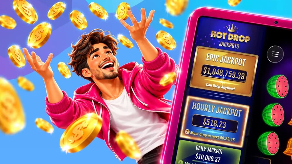 Gold coins fly around a light blue image, as a man celebrates in their midst. In the foreground, three Hot Drop Jackpots show their growing totals.