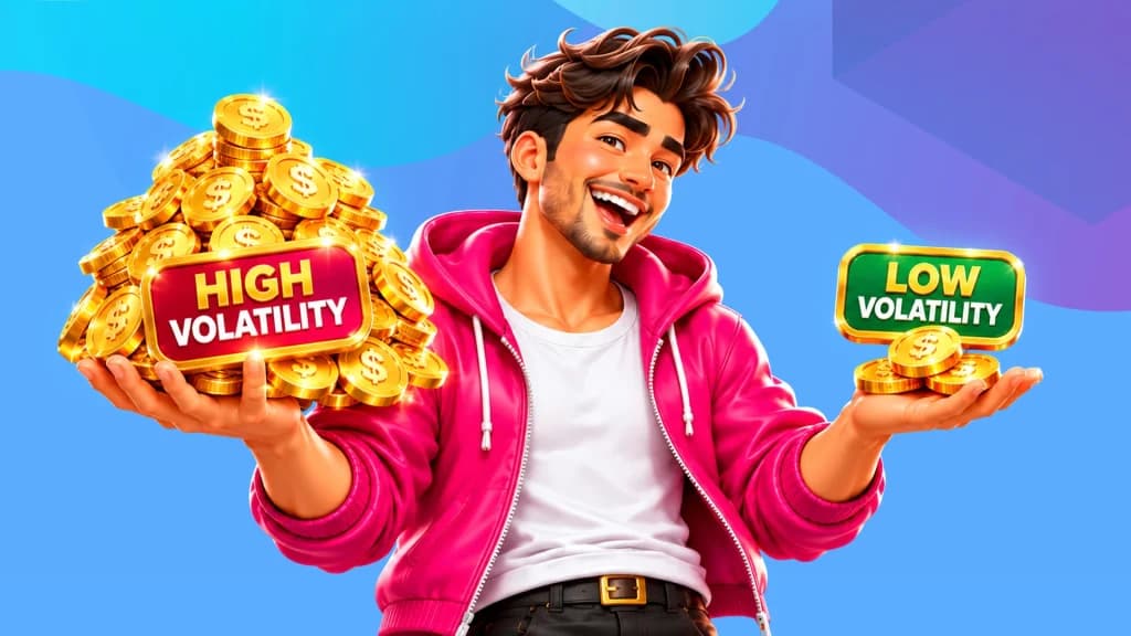 A slot player weighs high-volatility and low-volatility wins before starting to play slots.