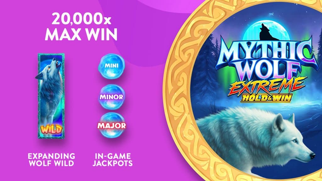 The ‘Mythic Wolf Extreme’ logo is displayed on the right, with a mysterious wolf passing through the image under a full moon. To the left, and expanding wild and three fixed jackpot symbols are displayed under text that says, ‘20,000x max win.’