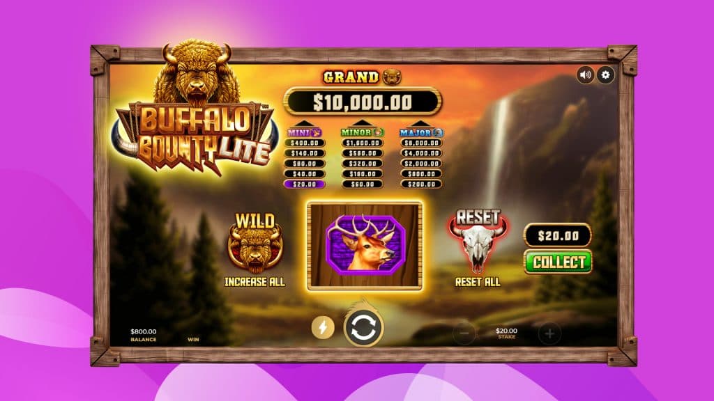 Buffalo Bounty Lite slot screen with Grand jackpot, Wild, Reset, and Collect controls