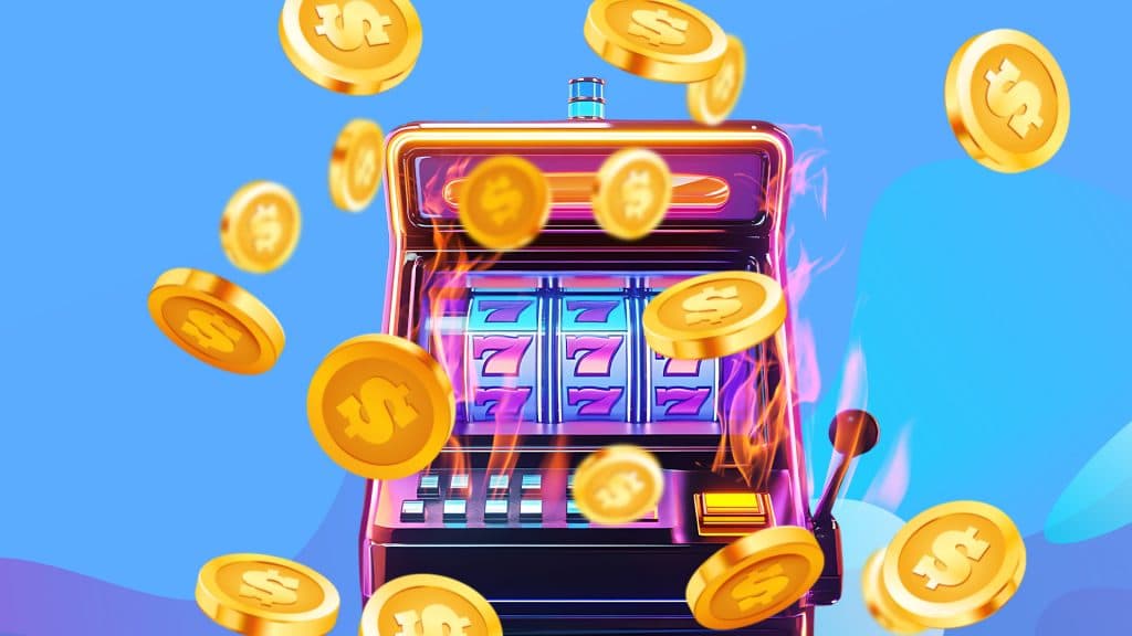Slot machine with flames and falling coins for RTP and volatility discussion