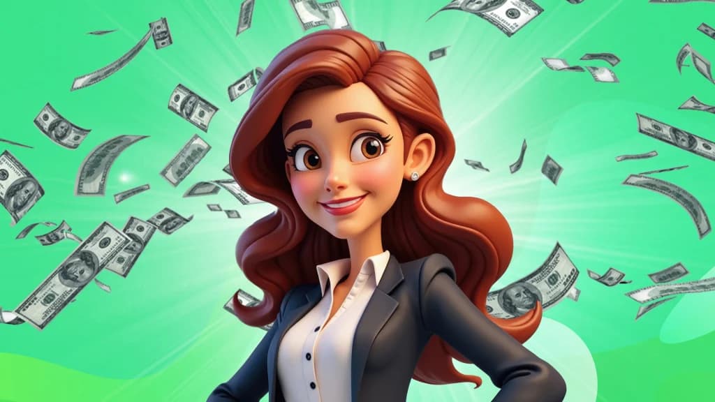 Smiling woman with cash flying around for casino bonus tips