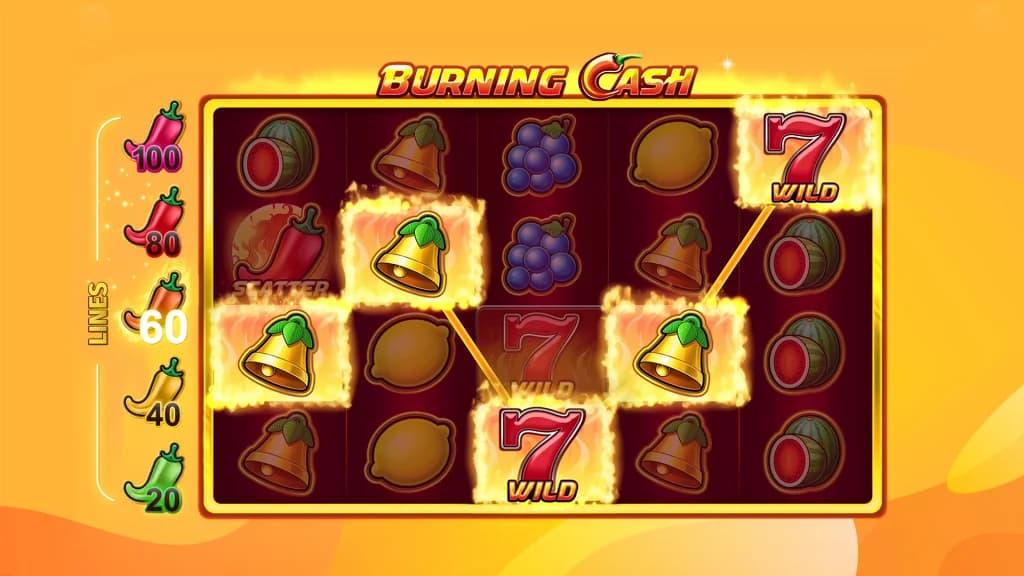 Burning Cash slot screen with flaming 7s and classic fruit symbols