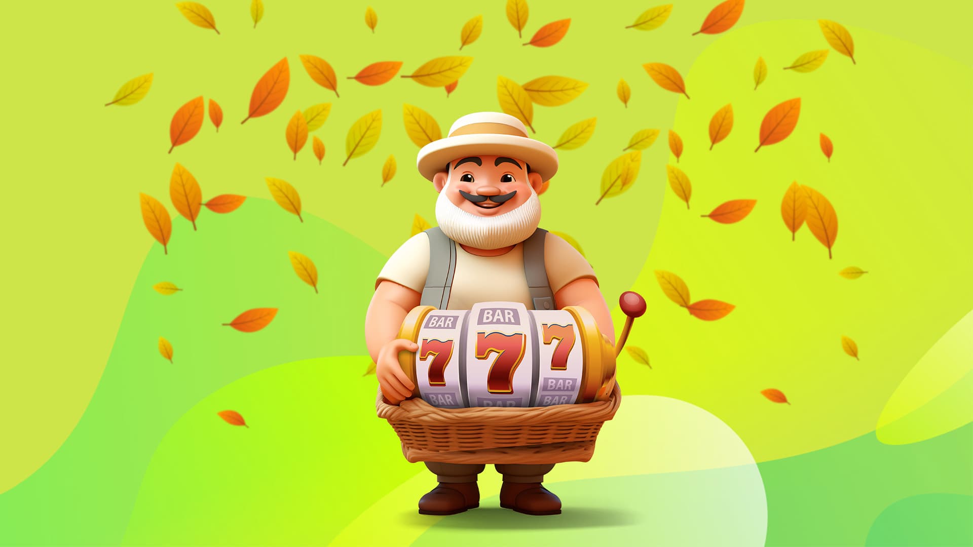 Man holding classic 777 slot reels under falling leaves
