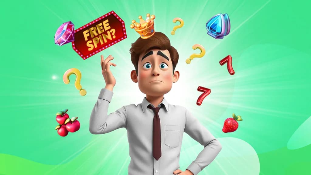 Confused player surrounded by Free Spin sign, slot symbols, and question marks