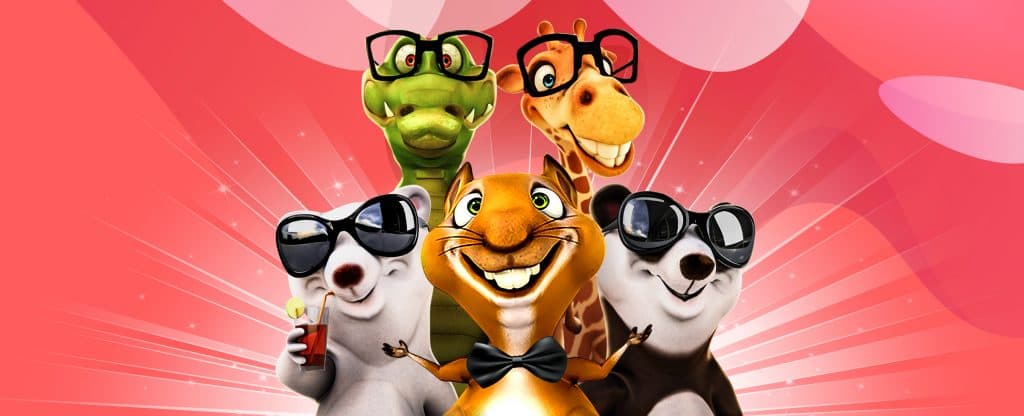 Animal slot characters posing together on a pink background