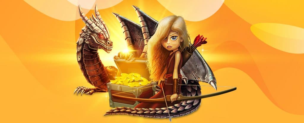 Fantasy archer and dragon guarding a treasure chest of gold coins