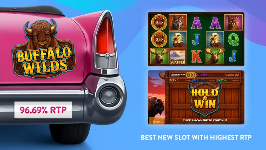 A buffalo with the logo ‘Buffalo Wilds’ is plastered on the back of a pink convertible. To the right, the slot is shown in action in the base game and the hold and win game.