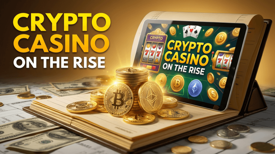 Image of a laptop, with golden coins and the text "crypto casinos on the rise"