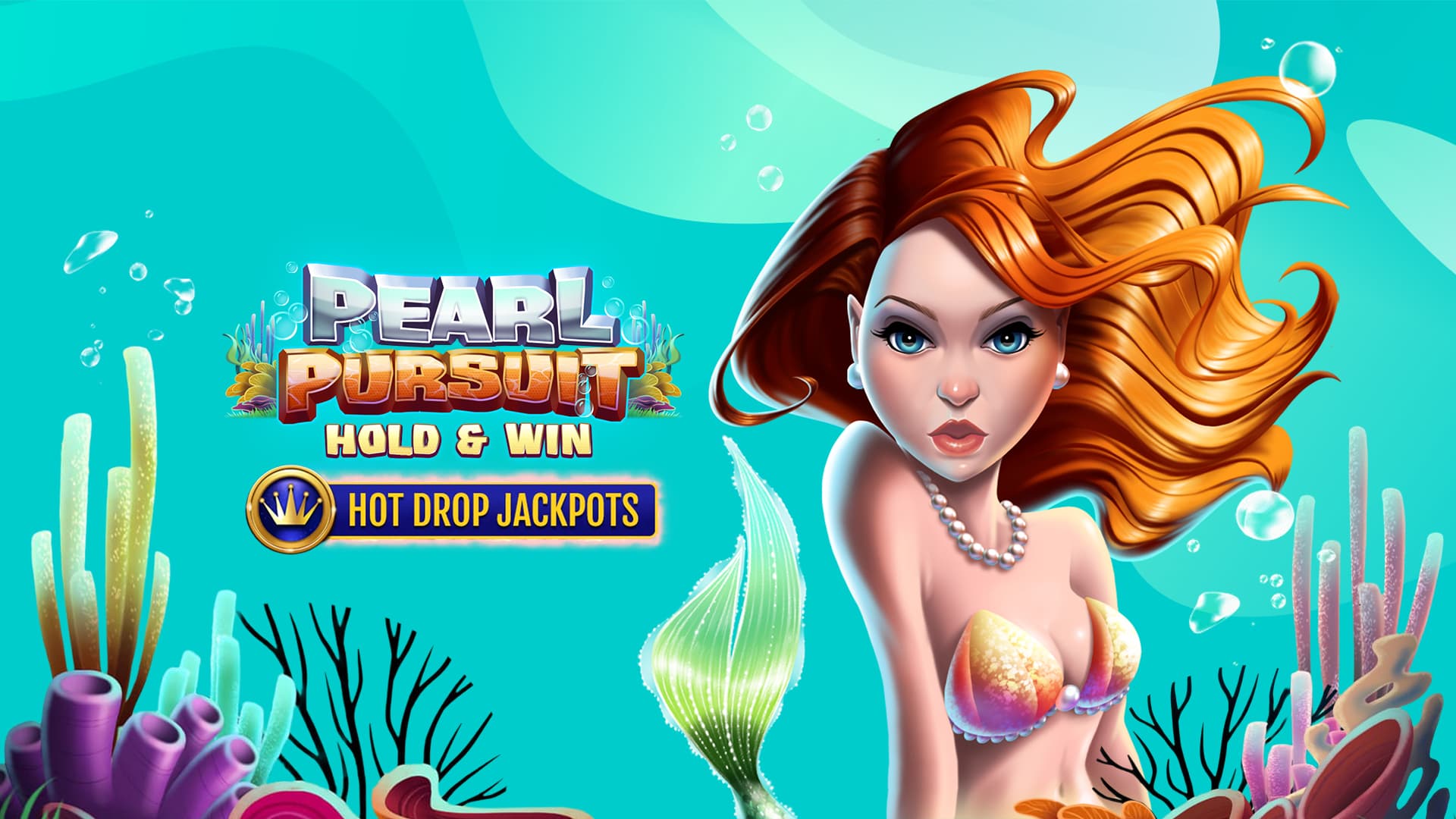 On a teal, underwater background with colorful coral, a mermaid with red hair and a seashell bikini looks ahead, with the “Pearl Pursuit Hold and Win Hot Drop Jackpots” game logo to her left.