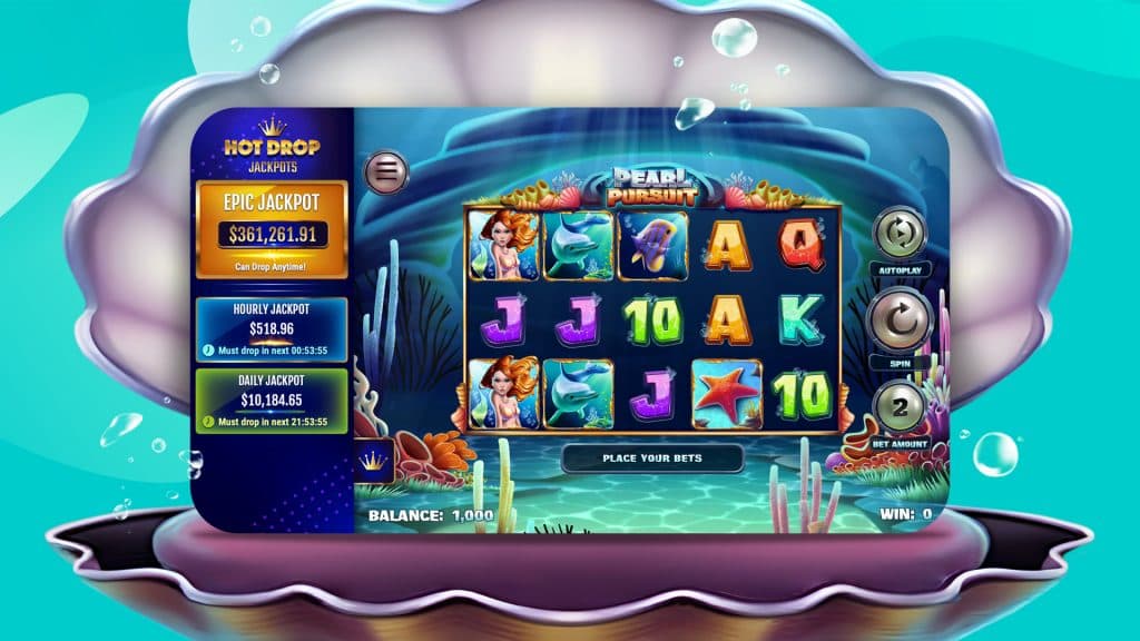 The 5x3 Pearl Pursuit Hot Drop Jackpots game is shown in action within an open seashell on a teal, underwater background.