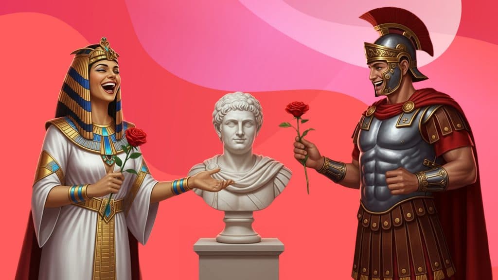 Cleo and Marc laugh over the museum bust of Caesar, each holding a red rose.