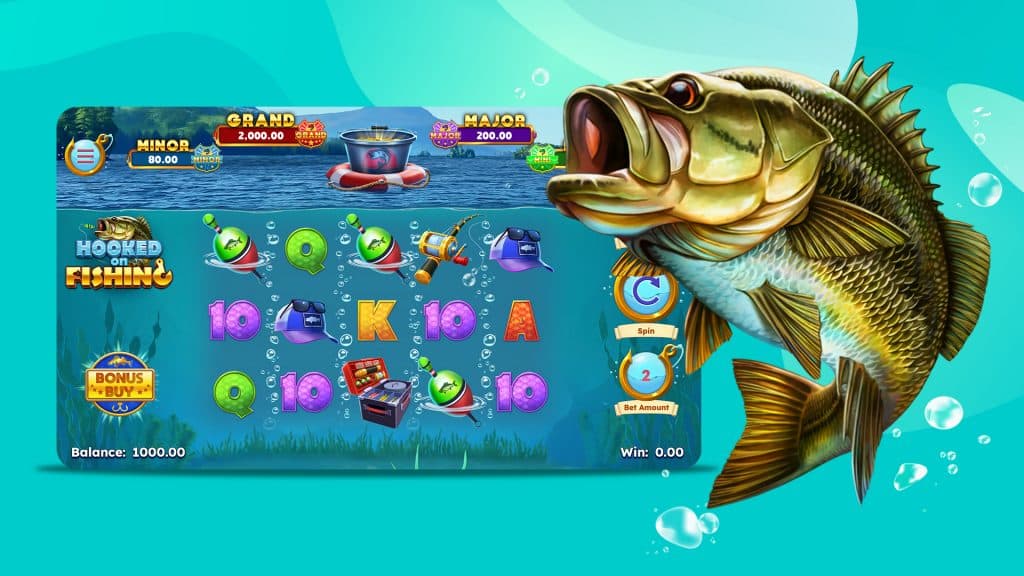 A big bass points its mouth toward the Hooked on Fishing slot screen, spinning over a teal underwater background.