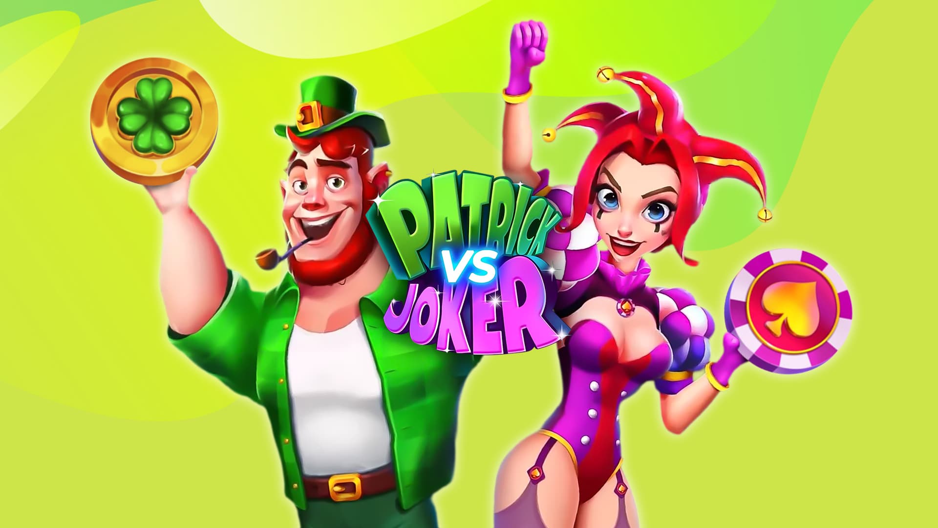 On a lime green background, a leprechaun named Patrick holds a gold coin with a four-leaf clover. To his right, a Joker in a harlequin holds a red chip. Between them, the game name “Patrick vs. Joker” is displayed in green and purple.