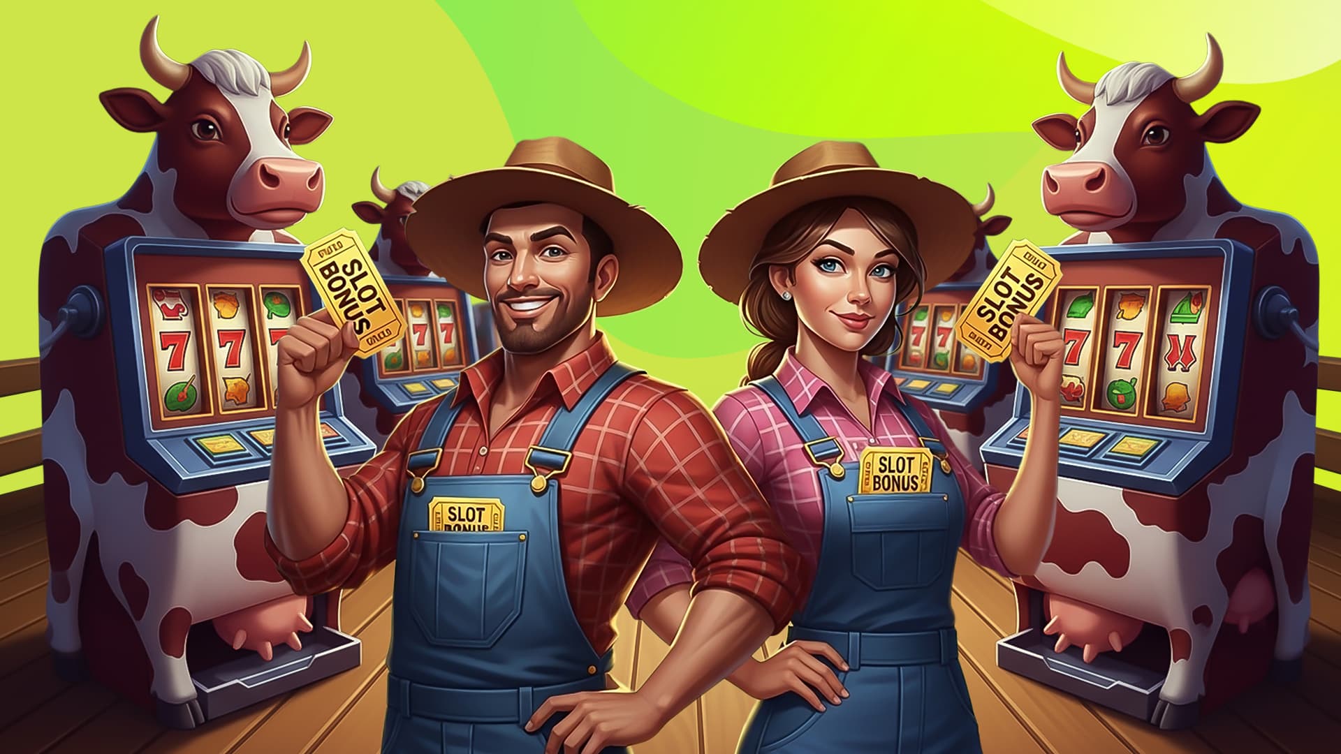 Two farmers hold golden tickets that say, “Slot Bonus.” Behind them, four slot machines shaped like cows are aligned on a wooden deck.
