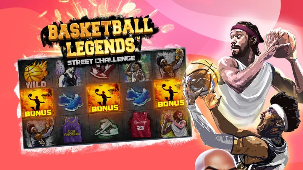 The Basketball Legends slot is shown in action against a bright pink background, with two players in street clothes preparing to shoot.