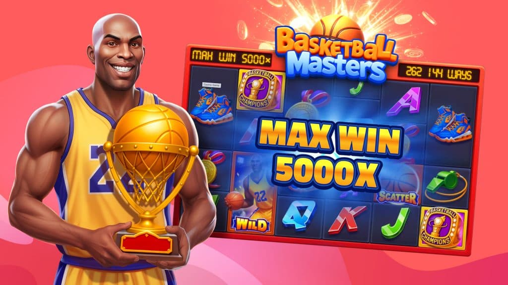 A tall basketball player in a yellow-and-blue jersey holds a gold trophy beside the slot game Basketball Masters, which is displaying its maximum 5,000x win.