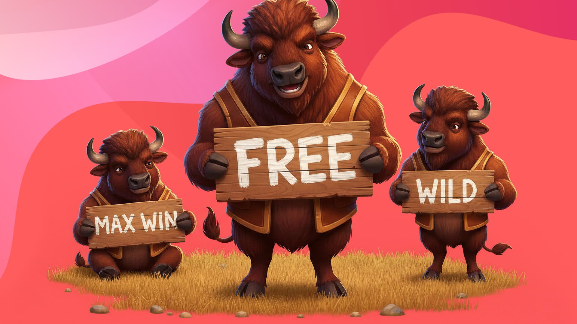 Three buffalo stand in golden grass, holding up three wooden signs that say, “Max Win,” “Free,” and “Wild.”