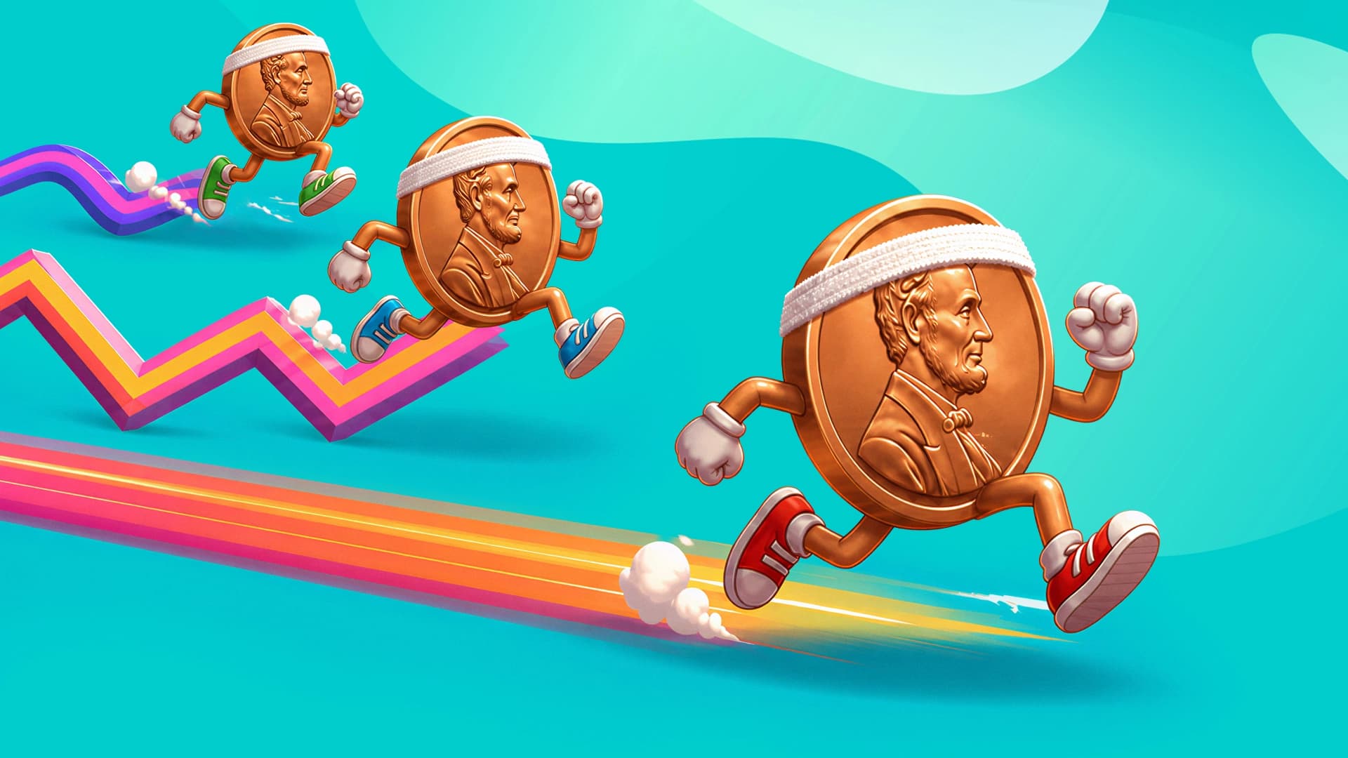 Three pennies wearing sweatbands run a race, leaving behind them a straight, a zig-zag, and a curvy trail on a teal background.