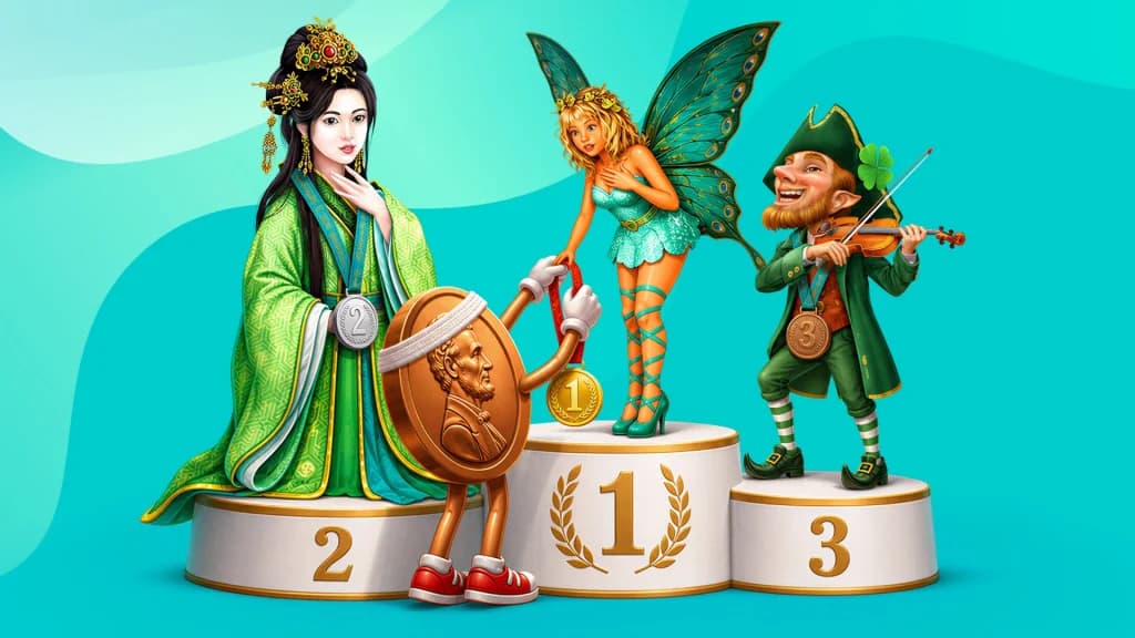 A geisha, fairy, and leprechaun stand on a winner’s podium, while a penny wearing a sweatband hands the fairy a gold medal.