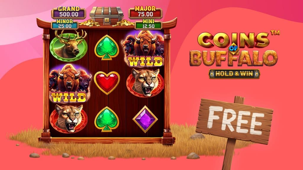 A 3x3 slot called Coins of Buffalo spins to the left, with the logo on the right above a wooden “Free” sign.