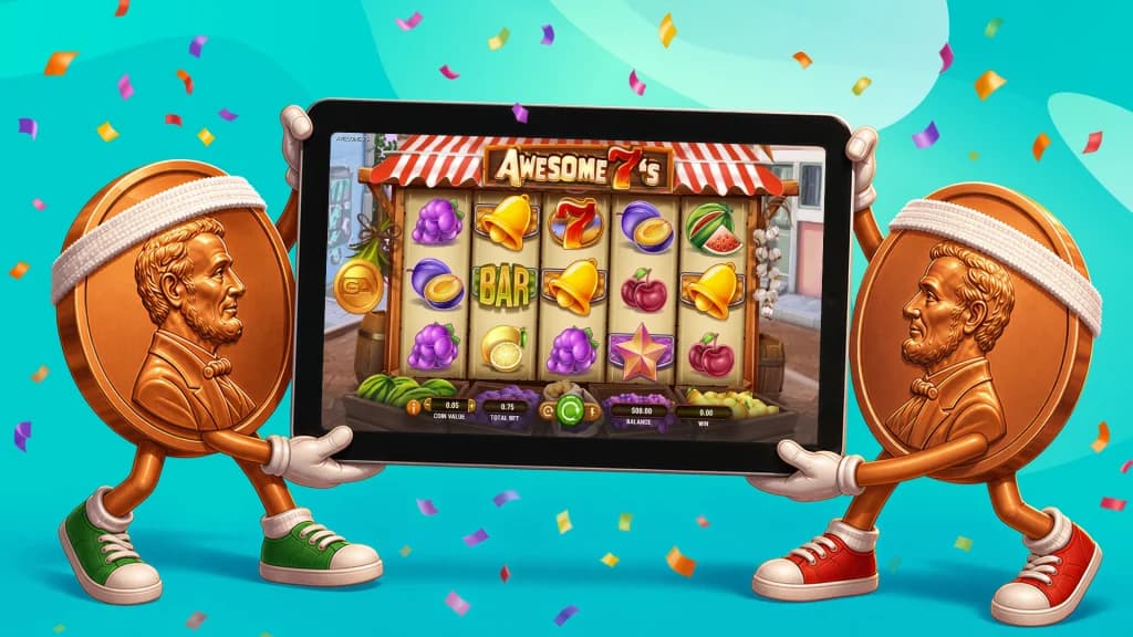 Two pennies wearing green and red sneakers hold a tablet with the penny slot Awesome 7s in action, while confetti falls around them.