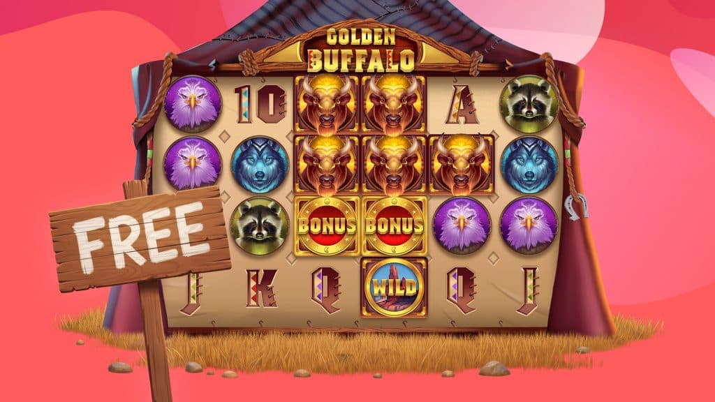 The 6x4 Golden Buffalo slot spins over a red and pink background, with a wooden “free” sign on the bottom left.
