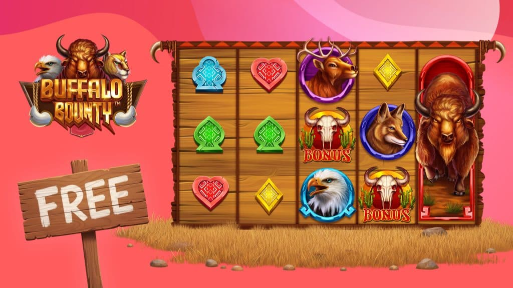 The Buffalo Bounty free buffalo slot spins on a red and pink background, with its eagle and buffalo logo displayed on the left of the image.
