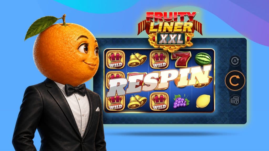 An orange with a face on it in a black and white tux observes the Fruity Liner XXL new slot game in action with a respin.