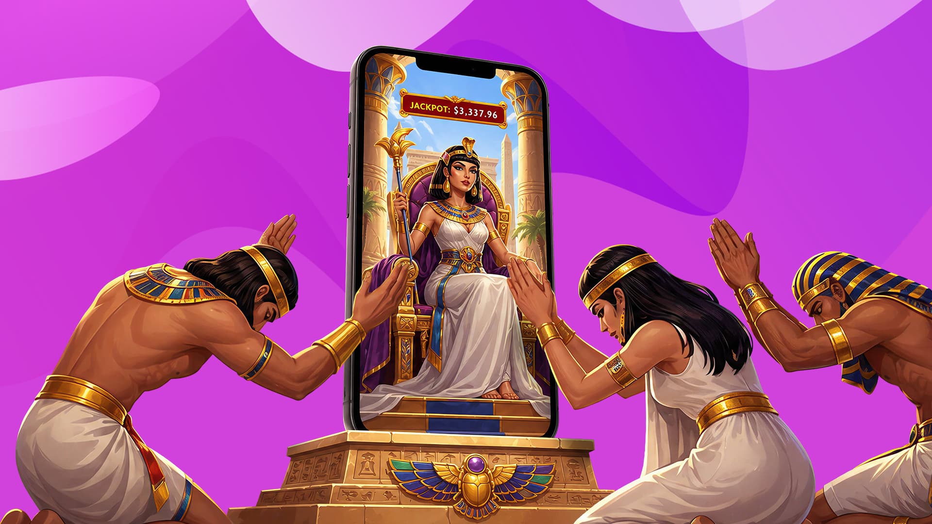 Three Egyptians bow to Queen Cleopatra, who emerges from a smartphone on a royal throne, demonstrating the allure of the best Cleopatra slots.