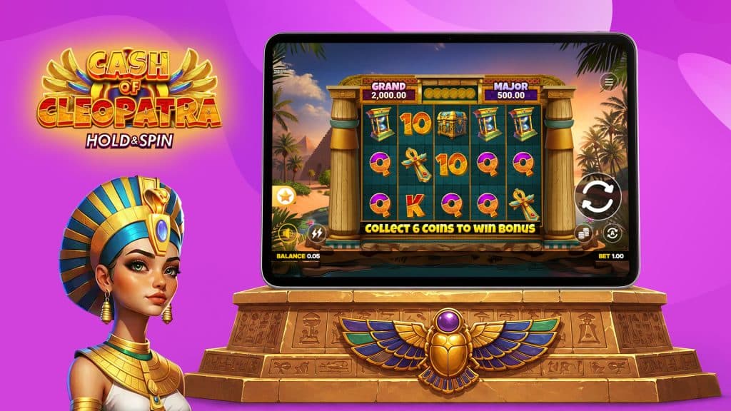 The Cleopatra slot, Cash of Cleopatra, is in motion on a tablet screen on a pedestal. Cleopatra observes the game in the bottom left.