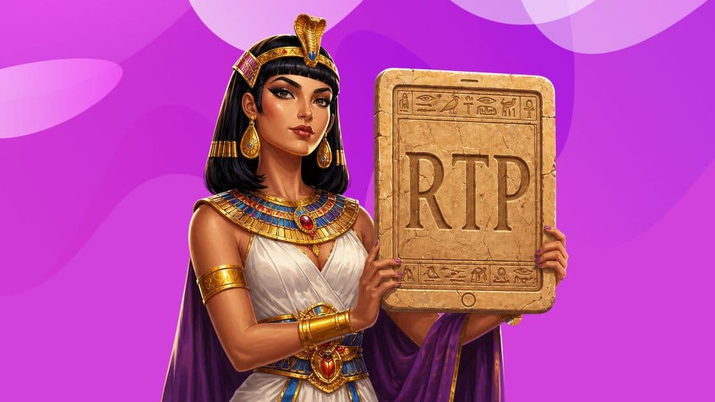 Cleopatra holds a stone tablet that reads “RTP,” representing the return-to-player percentage of the best Cleopatra slots.