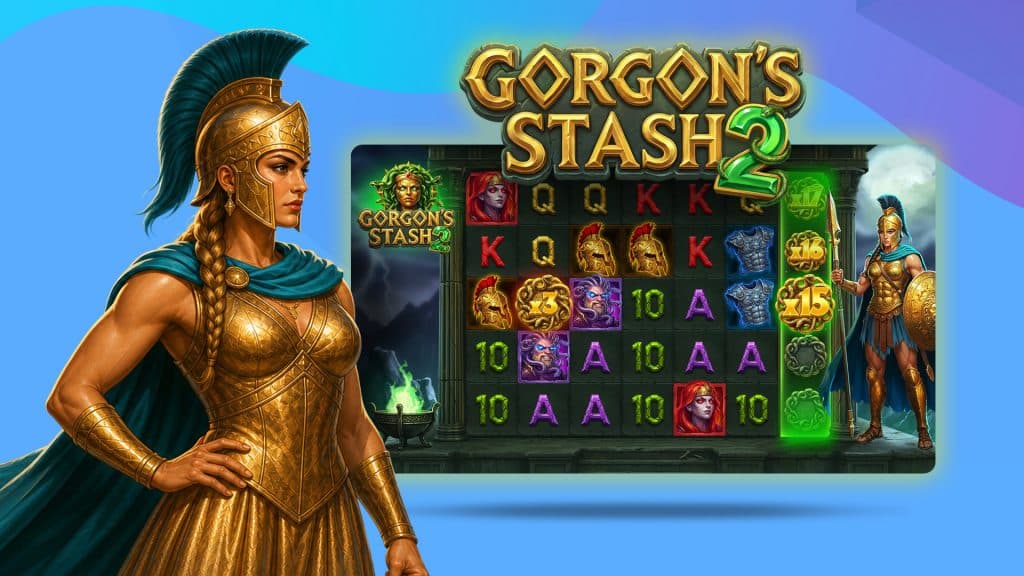 Gorgon’s Stash is the slot game shown on a blue background, with a woman warrior standing to the left, prepared to tackle this new online slot.