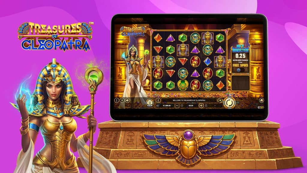 On a purple background, the powerful Queen Cleopatra holds a scepter and an orb of blue light, presenting her slot, Treasures of Cleopatra, which is in motion to her right.