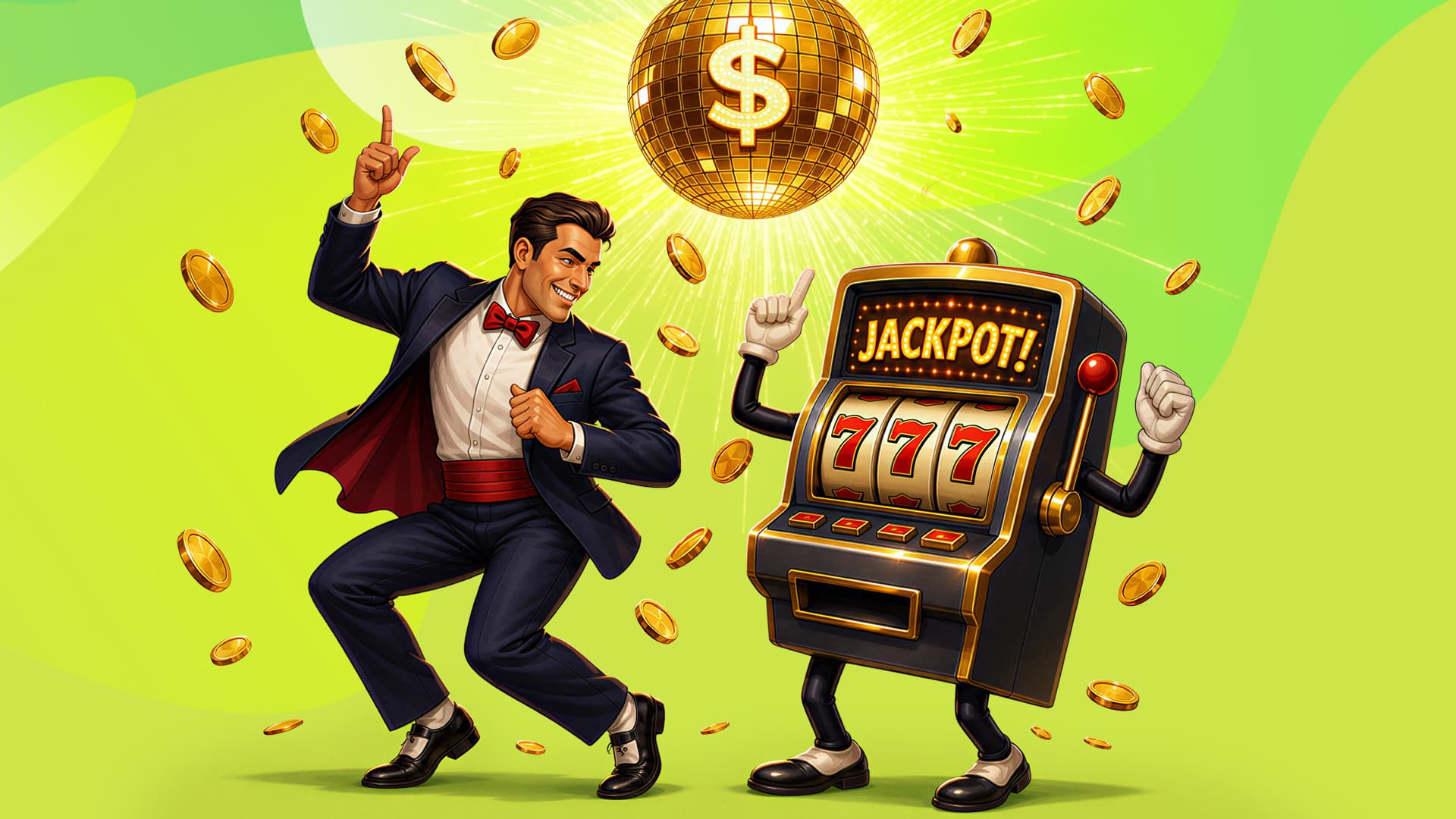 In a lime green image, a man in a suit dances beside a slot machine with three 7s, hitting the jackpot. Above them, a gold disco ball releases a deluge of gold coins.