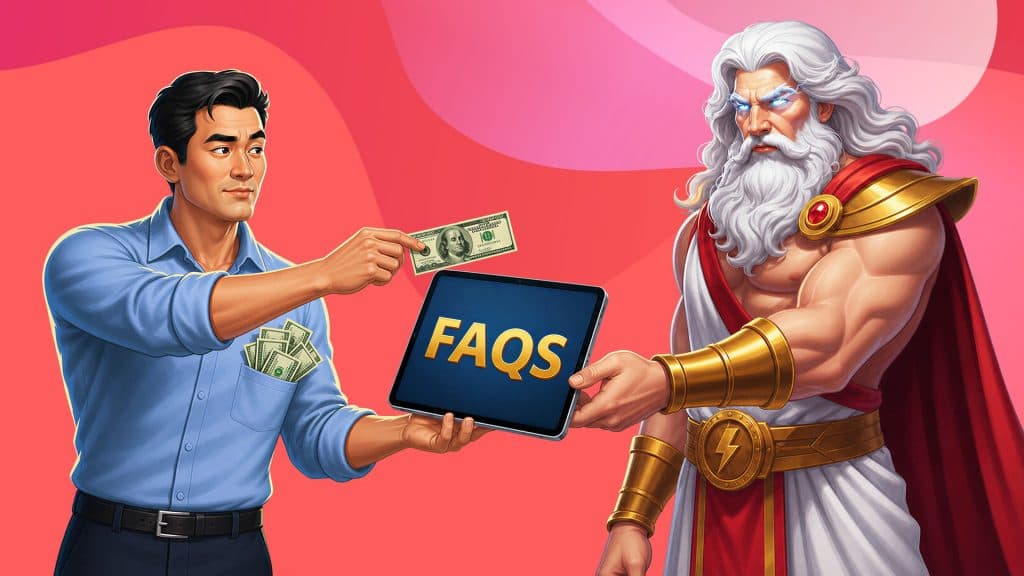 In a pink image, a man with cash hands a hundred-dollar bill to Zeus, and a tablet between them says “FAQ.”