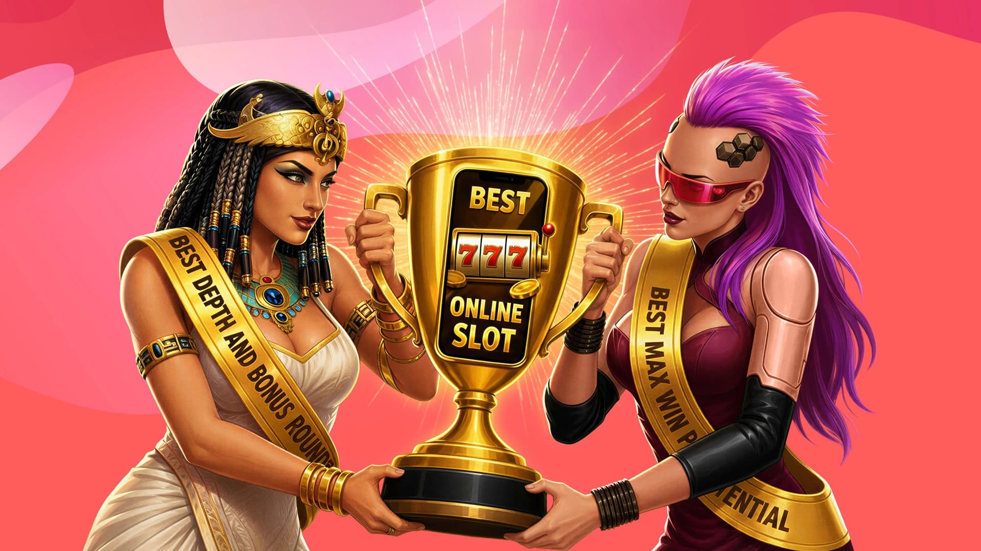 Cleo and Cyberpunk both pull on a huge gold trophy to win the honor of the Best Online Slot.